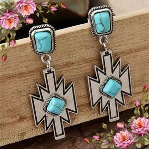 Bohemian-Style Western Geometric Shape Synthetic Turquoise Pendant Earrings
